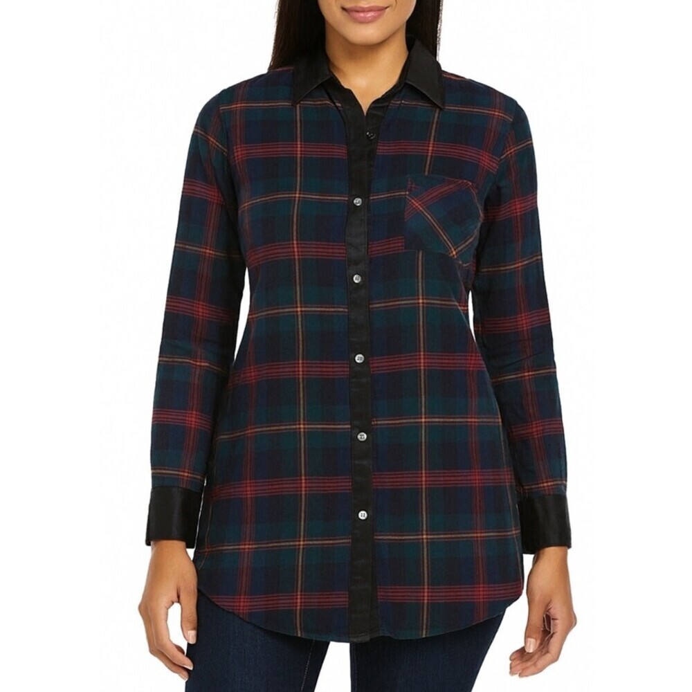 J. McLaughlin Leal Plaid Blouse Green Red Large MSRP $178 Tuxedo Collar Black